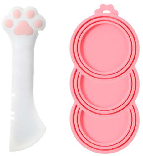 Wanmu 3Pcs Cat Food Can Lids & 1Pcs Spoon, Cute Paw Shape Opener Spatula, Universal BPA Free Silicone Pet Food Can Covers for Dog Cat Cans