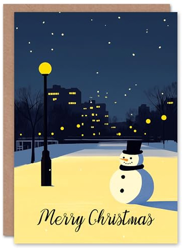 Artery8 Snowman Under City Lamp Post Night Cityscape Blank For Him Or Her Art Christmas Card