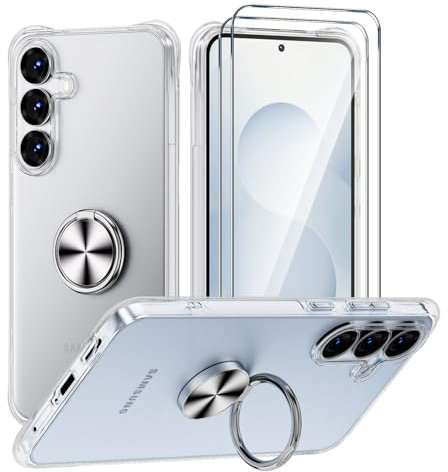 Hülle Ringhalter Kompatibel mit Samsung Galaxy S25, Crystal Clear Handyhülle Silikon Vier Ecken Anti-Fall TPU Case 360 Grad Ständer Schutzhülle - Silberner Ring