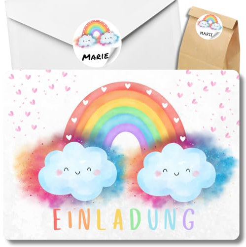 celebr8te 12x Einladungskarten mit Regenbogen Motiv - Für den Kindergeburtstag von Mädchen - Bunte Geburtstagseinladungen +12 Umschläge +24 Sticker +12 Geschenktüten