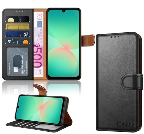 iCatchy for Samsung A26 5G Case with 4 Card Slots Leather Wallet Flip Book RFID Blocking Magnetic Closure Kickstand Shockproof Protective Phone Cover compatible with Galaxy A26 (Black)