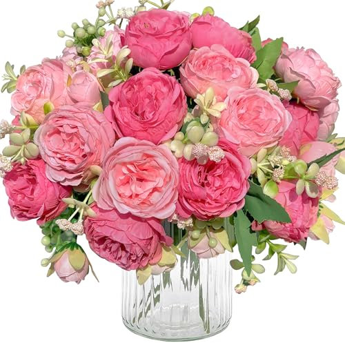 YianHien 4 Bündel Pfingstrosen Kunstblumen, Tiefrosa Künstlich Pfingstrosenstrauß, Künstliche Pfingstrose Seidenblumen für Hochzeit Partei Heimdekoration Tischaufsätze Dekor Seidenrosen Brautstrauß