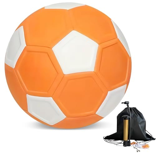 LEKEFETO Fußball Curve Ball Größe 5 | Eva-Material Flexibler Kurvenball für Kinder & Training | Inkl. Ballpumpe + Doppelnadeln + Balltasche | Orange-Weiß (22cm)