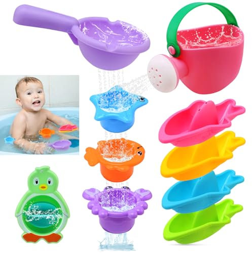 BelleStyle Juguetes Baño Bebe, Juguetes Bañera Niños Niñas, Barquitos Flotantes Vasos Apilables Regadera, Juguetes Ducha Piscina Playa Juegos de Agua Regalo para Niños 1 2 3 4 Años - 10 Piezas