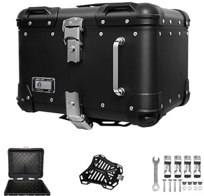 40L/45L Topcase Für Motorrad Wasserdicht Aluminiumlegierung Fahrradkoffer Für Gepäckträger Abschliessbarer Motorrad Helmkoffer Mit Universeller Adapterplatte Für Roller Motorrad Scooter - Schwarz/Weiß