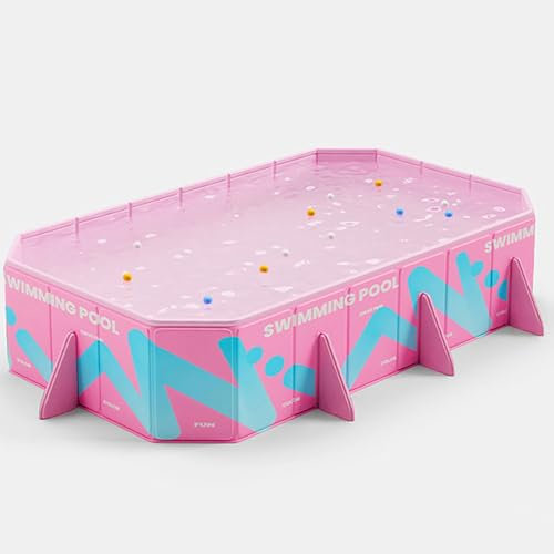 Blau/rosa Zusammenklappbares, großes, rechteckiges Familienschwimmbecken Außenschwimmbecken mit 2 Abläufen for Erwachsene, Kinder und Hunde(Pink,2.2m/7ft)