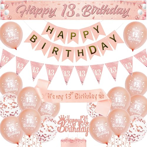 13th Birthday Decorations Banner Girls - Rose Gold Party Balloons Set with Pennant Sash, Happy 13 Years Old Birthday Yard Banners and Cake Topper for Official Teenager Party Supplies