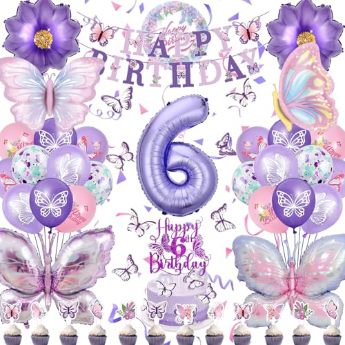 6 Jahre Schmetterling Geburtstag Deko, Geburtstagsdeko Mädchen 6 Jahre Set | Schmetterling Folienballon 6 Jahre, Luftballon 6. Geburtstag Mädchen, Schmetterling Party Deko, Zahlenballon, Happy Birthday