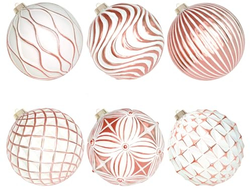 Lanpn 6 Pcs 15cm Grosse Boule de Noel Exterieur, Geante Boules Sapin Noël Plastique Incassables, Grande Boule Arbre en Motifs Relief Fil Suspension, Décoration Jardin Fêtes Patio, Blanc & Or Rose