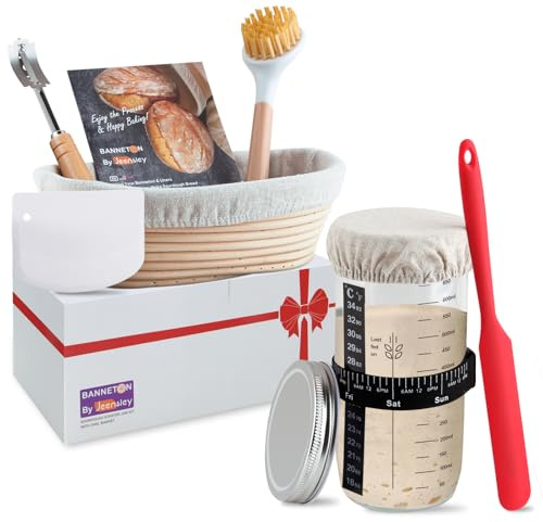 Jeensley Banneton Oval Proofing Basket Set with 2026 Leaflet, Liner and Sourdough Starter Jar Bread Making Tools Bread Making Supplies