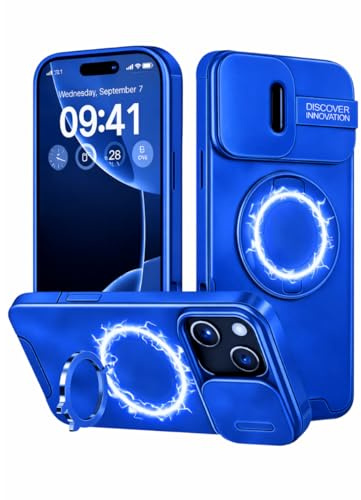 OnTheGo. Hülle für iPhone 15, Stoßfest Armor Handyhülle, Magnetisch, 360° Ring Ständer, Kameraabdeckung Schiebbar, Kratzfest, rutschfest, Blau