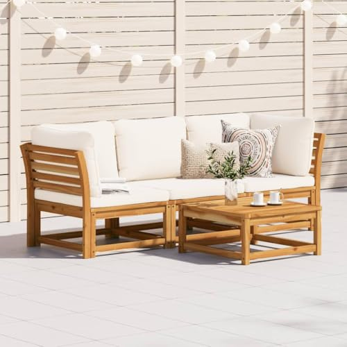 QJBSAVVA Gartensofa 3-Teiliges Lounge Set Akazie Massivholz mit Cremeweißen Kissen Modular Ecksofa Mittelsofa Kleine Outdoor Couch für Balkon Terrasse Garten