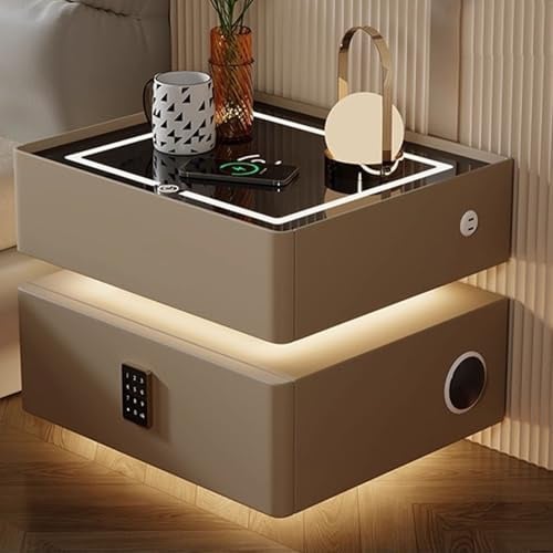 GUQASDV Smart Nachttisch mit LED Beleuchtung, kabelloses Laden und Passwortsperre, moderner schwebender Nachttisch mit Bluetooth-Lautsprechern, intelligenter Nachttisch(Khaki,50cm/19.6in)