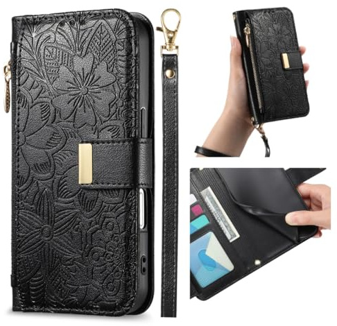 HOJODDO Funda Golpes para Motorola Edge 40, Cubierta Flores Cuero, Antihuellas Antideslizante Antiarañazos, Bolsillo Externo con Cremallera. Negro