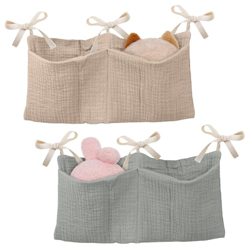 Clvsyh 2 Stück Bett Organizer kinderzimmer, Hängend Babybett Organizer, Babybett Verstellbarer Organizers, Beistellbett Baby Wickeltisch Organizers, Für Windeln Kleidung (Bohnengrün+Khaki)