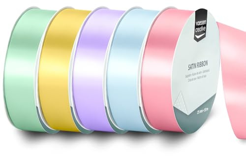Vaessen Creative Satinband 5 St. - Pastell Rosa, Gelb, Grün, Blau & Violett - Doppelseitiger Dekoband 10 m x 25 mm - Geschenkband und Stoffbänder für Deko, Schachteln und Lesezeichen