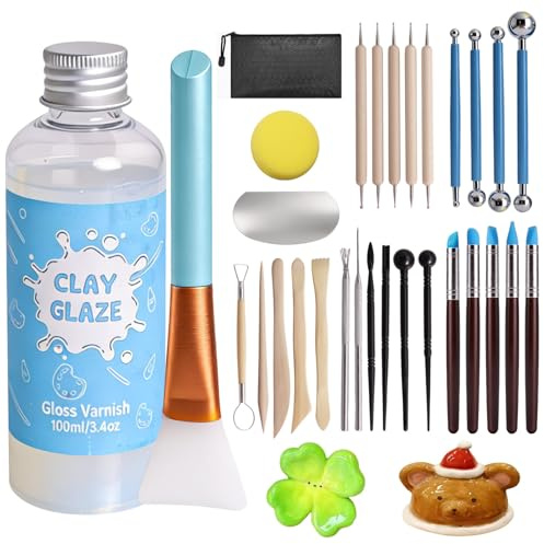 RICKMASK Kit de 29 Herramientas Arcilla Secado al Aire, con Barniz Arcilla Secado al Aire e 28 Piezas de Herramientas de Modelado, Resistente a Los Arañazos, Impermeable, Ideal para Esculpir, Modelar