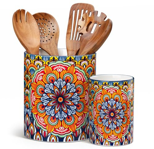 vancasso SIMI 7.3+5.5 Porcelain Utensil Holder for Kitchen Countertop | Bohemian Kitchen Utensil Organiser, Ideal for Spatulas, Ladles, Spoons, Cutlery, Counter Utensil Crock, Regal Bloom