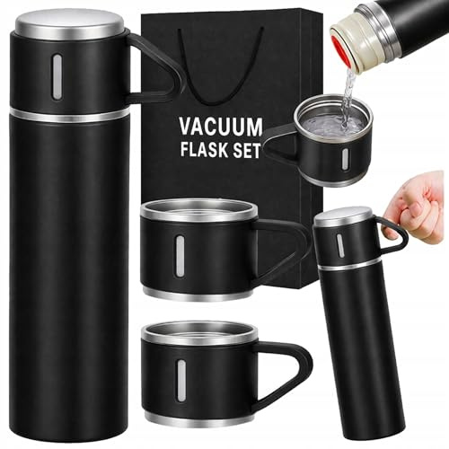 Termo con 3 Vasos de Acero Inoxidable, Idea de Regalo Original para Hombre y Mujer, Botella Térmica para Café y Té, Termo de Viaje Portátil 400 ml.