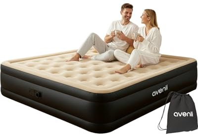 AVENLI Colchón Hinchable Autohinchable Matrimonio 203x157x47 cm, Cama Hinchable Doble 2 Personas con Bomba Eléctrica Integrada hasta 300 kg, Camping y Cama Supletoria, Coil-Beam, Beige