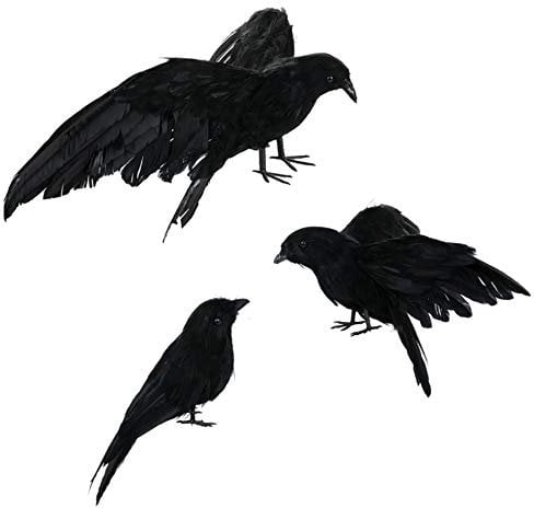 Asodomo Halloween-Krähen-Requisite, realistisch, handgefertigt, 3 Stück, schwarz gefiederte Krähen-Requisiten, Haltung: aufplustern, fliegen und stehen, als Deko für zuhause