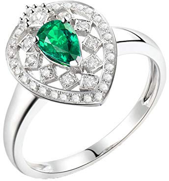 Bishilin Damen Ring Verlobung Weißgold 750 0.4ct Tropfen Smaragd Solitärring, Eheringe Hochzeit Ring mit Diamant Gr.52 (16.6)
