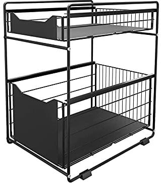 DAWNYIELD 2 Tier Organizer with Storage Drawer Under Sink Sliding Cabinet Pull Out Basket Rack Spice Rack Snack Organizer for Kitchen Bathroom Bedroom Counter Pantry Office -Black