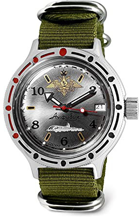 VOSTOK Amphibian 420392 Submarine Automatische Selbstaufziehende 40 mm Taucher-Armbanduhr | WR 200 m | Stahlzifferblatt mechanische Uhr | Leuchtpunkte, Grün, Taucher