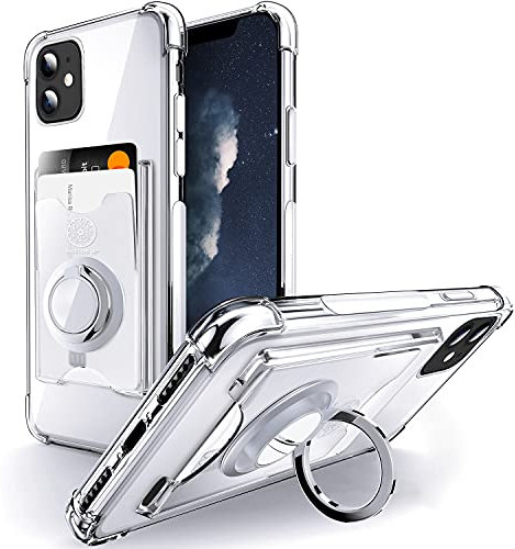 SHIELDS UP] Designed for iPhone 11 Case, Wallet Minimalist Case with Ring Kickstand and Card Holder, Transparent Slim Shockproof TPU Bumper Cover for iPhone 11 6.1 inch - Clear
