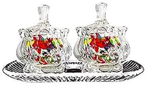 Khanary Twin Pack Glass Sweet Candy Sugar Bowl with Tray Set Designer Cut Jars with Lid Set of 3 Glass Bowl Set with lid and Tray for Serving Purpose Lotus Shaped Bowl