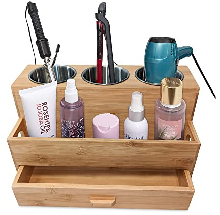 Harzen Brothers Organizer per capelli, in bambù, supporto per acconciature, per il piano di lavoro del bagno, supporto per asciugacapelli, per accessori, trucchi, articoli da toeletta