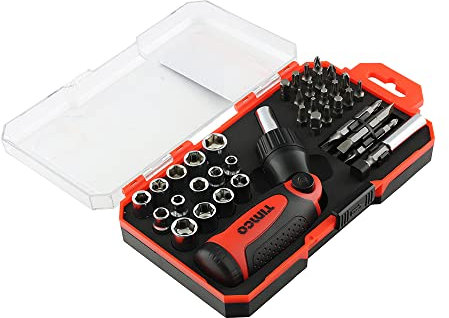 TIMCO Ratcheting Screwdriver Bit Set - 46 Screwdrivers - 29 Chrome Vanadium Bits & 14 Zinc Plated Sockets - Silver Torx, Phillips, Pozidrive Screwdriver Set