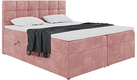 MEBLINI Boxspringbett mit Bettkasten - Gepolstert Doppelbett mit Matratze und Topper - Polsterbett mit Stauraum - Bett mit Kopfteil - Stauraumbett - TAPO 2-140x200 - H4/Rosa Samt