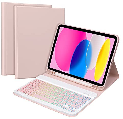 Keyboard Case for iPad 11th Gen A16 11inch&10th Gen 10.9inch GOKOCO A16 Tablet Cover Magnetically Detachable Macaron Color Bluetooth Keyboard With 7 Colors Backlight Give Full Protection withiPad-Pink