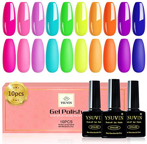 YSURE 10PCS Neon Rainbow Gel Nail Polish Kit- 10 Colors Dark Blue Purple Green Orange Series Collection Soak Off UV Gel Nail Varnish Manicure Set Cured Gel Nail For Women Beauty Gift, 80.0 ml