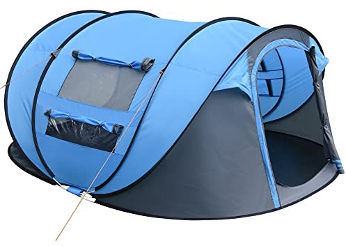 Outsunny 4 Person Pop-up Camping Tent Family Tent with Ground Sheet, 4 Windows and Portable Carry Bag for Beach Outdoor Trip, Sky Blue