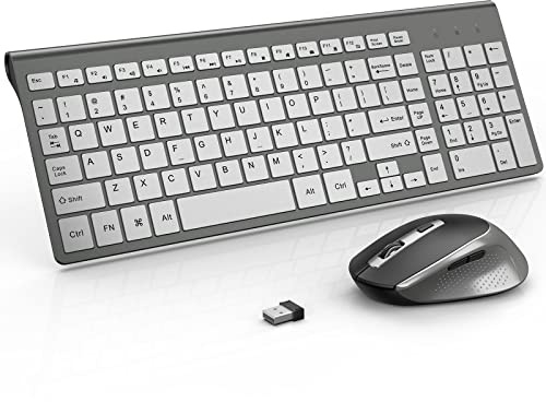 J JOYACCESS - Tastiera e mouse wireless, tastiera e mouse wireless sottile ed ergonomica, portatile e confortevole per laptop/computer/desktop/PC, grigio/argento