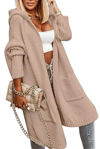Tongmingyun Women's Long Cardigans Cable Knitted Open Front Oversized Hood Outerwear Pullover Coat, apricot, S