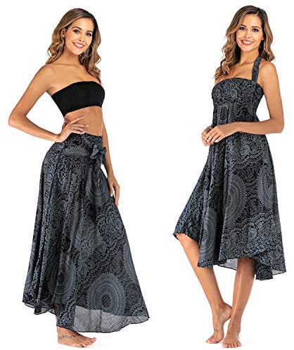 Womens Skirts, Women 2in 1 Vintage Maxi Skirt Floral Print Halter Dress High Waist Swing Boho Skirt (Black)