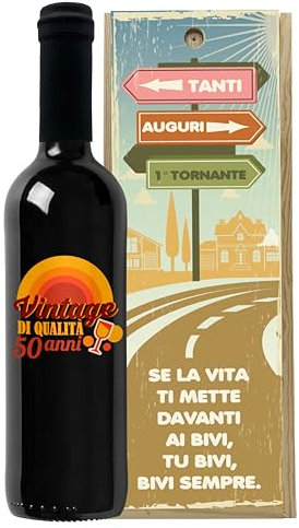 Bottiglia di vino personalizzata con cassa legno ideale per regalo di compleanno. (Toscana Rosso IGT, 50 anni Bivi della vita)