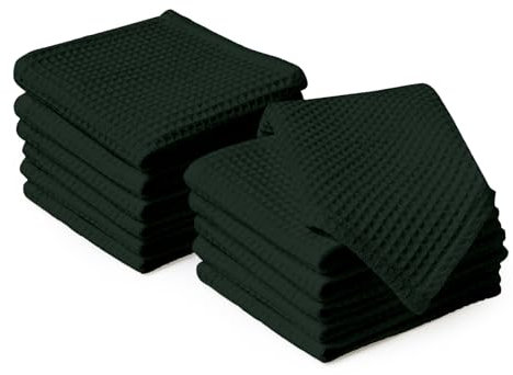 Encasa XO Küchenhandtücher und Waschlappen aus Baumwolle | Grün | Waffel- und Flachgewebe-Geschirrtuch | Geschirrtuch-Set | 30x30 cm | Wiederverwendbar und schnell trocknend 12er-Satz