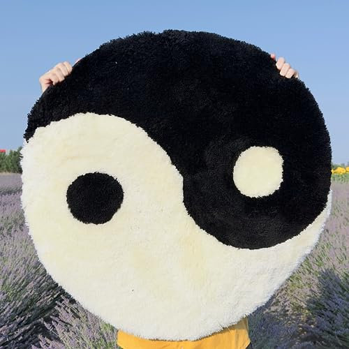 Beyond Deco Yin Yang Teppich, handgefertigt, getuftet, rund, Trippy, weich, für Wohnzimmer, Schlafzimmer, Küche, rund, waschbar, rutschfest, 89 cm, Schwarz / Weiß