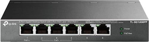 TP-Link TL-SG1006PP | Switch PoE a 5 porte | 3 porte PoE+ e 1 PoE++ a 64 W, con 2 porte Gigabit Uplink | Metallo robusto | Plug & Play | Modalità di estensione | Ripristino automatico PoE | QoS e IGMP