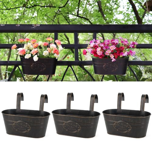 Meltset - Paquete de 3 macetas colgantes de hierro de metal, maceta rústica, soporte ovalado con agujero de drenaje y gancho desmontable para valla, jardín, balcón, pared, decoración interior y