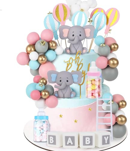 Acmee 47 PCS Elephant Cake Toppers - Mini 3D Elephant BABY Letters Milk Bottle Blue Pink Gold Foam Balls Cake Toppers for Gender Reveal Baby Shower Party Cake Decorations