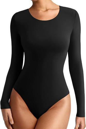 Snapit Bodysuit for Women|Black Leotard Round Neck|Long Sleeves Body-Hugging Bodysuit, High Stretch Thong Top| Slim Fit T-Shirts for All Seasons (Round Neck, Small)