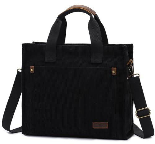 VASCHY Tote Bag Femme, Multi-poches Sac Cabas Femme Zippé en Velours Côtelé 12,9 Pouces Tablette Grand Sac Bandoulière Femme Sac Fourre-tout Sac a Main pour Travail École Achats Noir