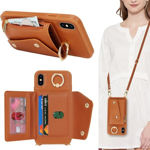 Lipvina Cover per iPhone X/XS con cordino Porta Carte Custodia iPhone X/XS con cerniera cordino Ring portafoglio donna - Marrone