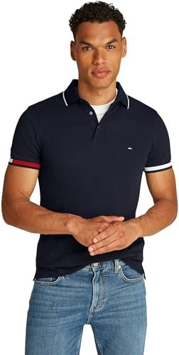 Tommy Hilfiger Men’s Short Sleeve Flag Cuff Slim Fit Polo Shirt, Blue (Desert Sky), XXL