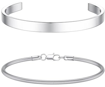 CASSIECA 2Pcs Bracciale Uomo Bracciali Uomo Bracciale Acciaio Uomo Braccialetti Uomo Argento a Catena Impilabile per Uomo Bracciale Serpente Polso 19CM Regali Gioielli per Uomo